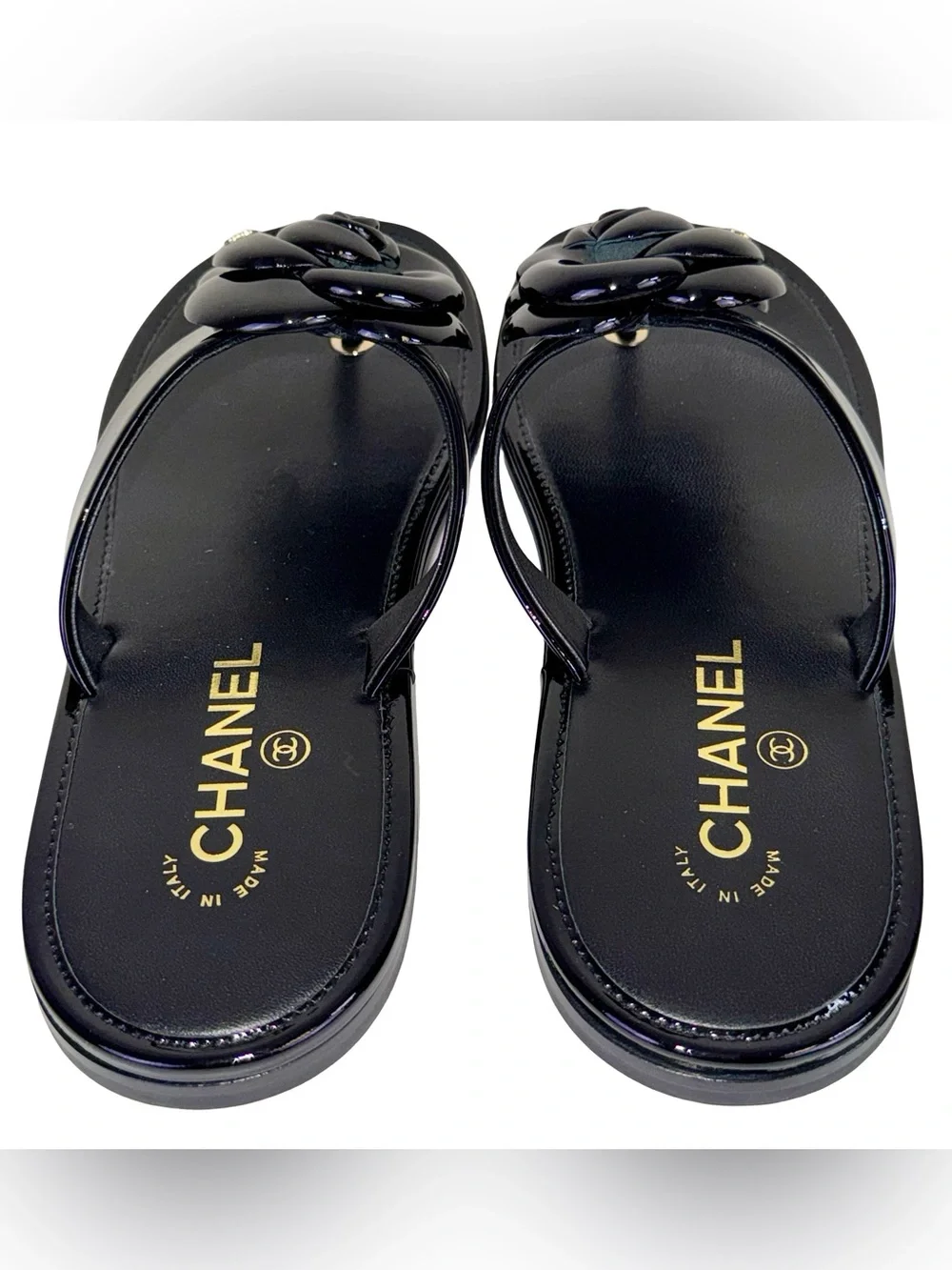 CHANEL BLACK CAMELLIA THONG JELLY SANDALS